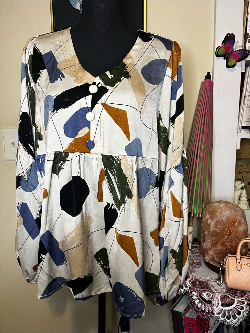 Abstract Print Long-Sleeve Peplum Top - Multi